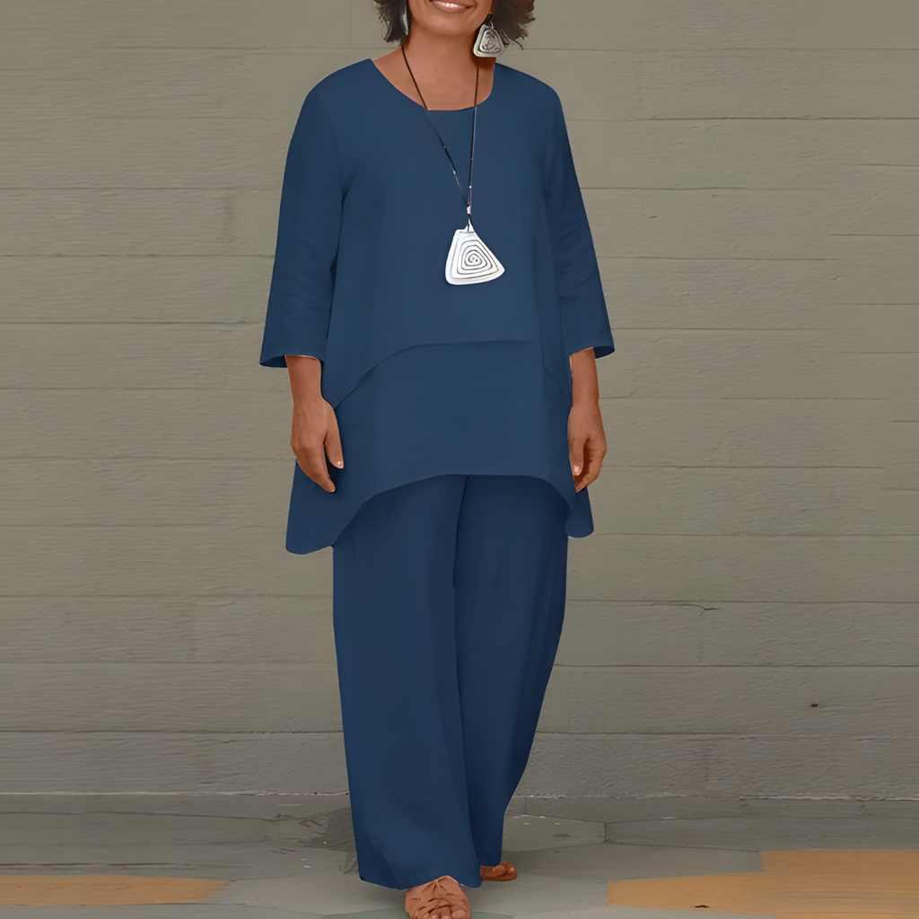 Women's Linen Set with Layered Wide-Leg Trousers