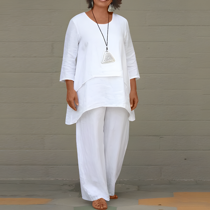 Women's Linen Set with Layered Wide-Leg Trousers