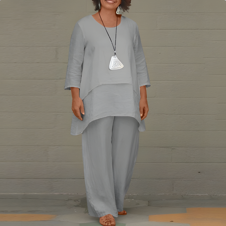Women's Linen Set with Layered Wide-Leg Trousers