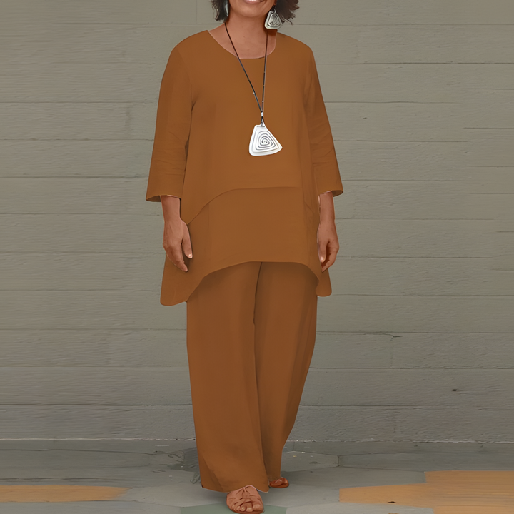 Women's Linen Set with Layered Wide-Leg Trousers