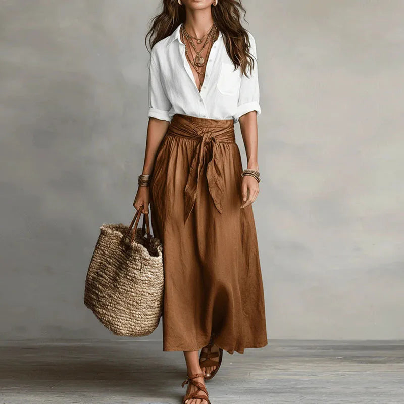 Women's Linen Tie-Waist Maxi Skirt Set