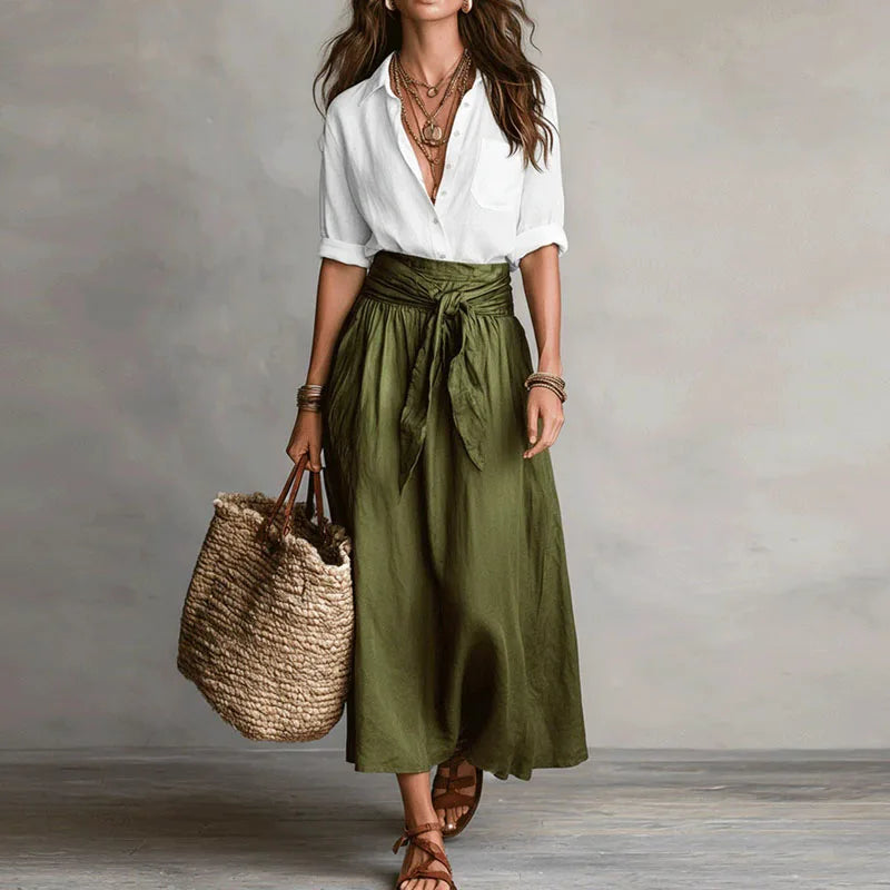 Women's Linen Tie-Waist Maxi Skirt Set