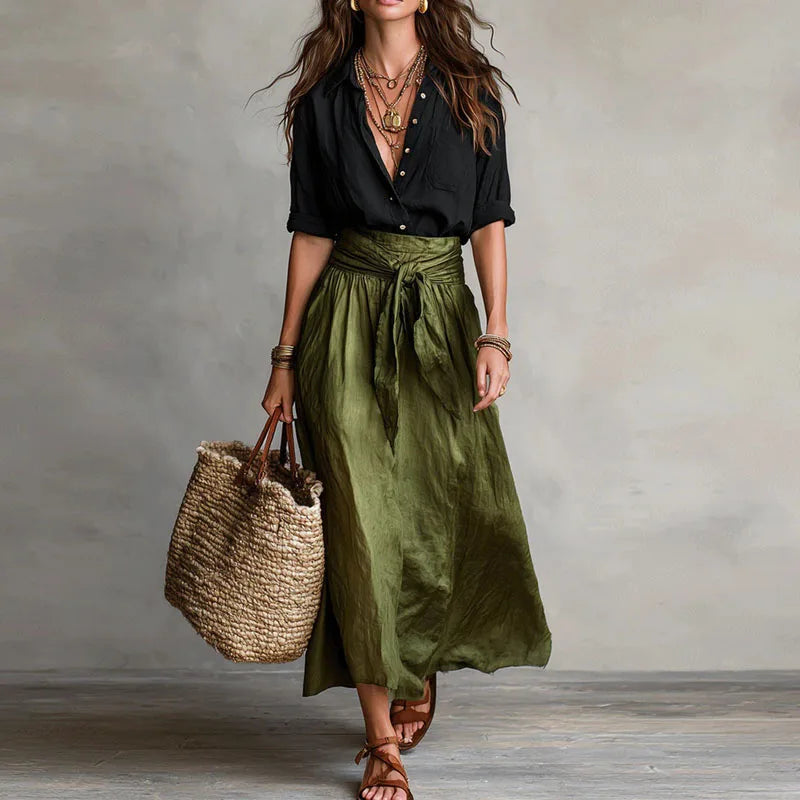 Women's Linen Tie-Waist Maxi Skirt Set