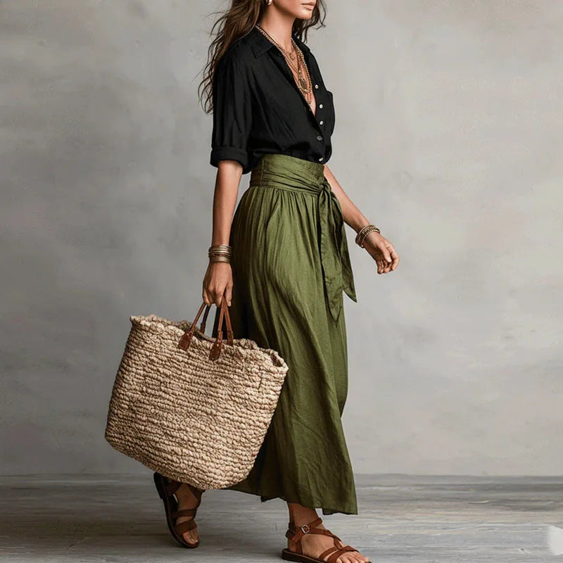 Women's Linen Tie-Waist Maxi Skirt Set