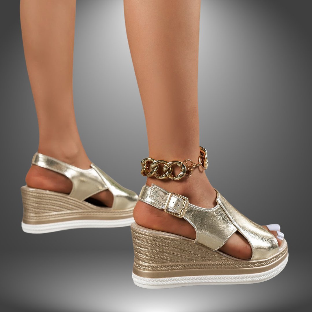 Women's Metallic Open-Toe Ankle-Strap Platform Wedge Sandals