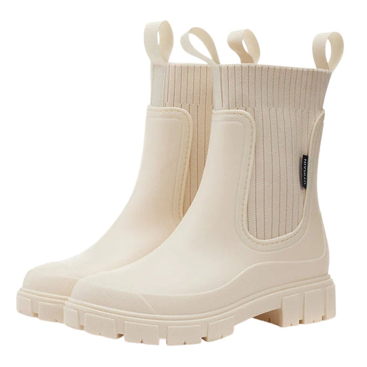 Women's Mid-Calf Chelsea Boots – Slip-On Lug-Sole Rain Boots with Elastic Gores