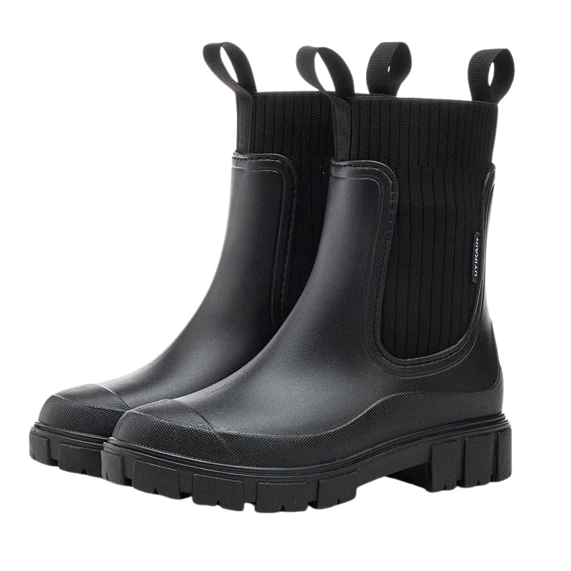 Women's Mid-Calf Chelsea Boots – Slip-On Lug-Sole Rain Boots with Elastic Gores