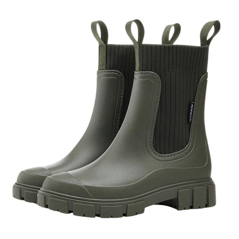 Women's Mid-Calf Chelsea Boots – Slip-On Lug-Sole Rain Boots with Elastic Gores