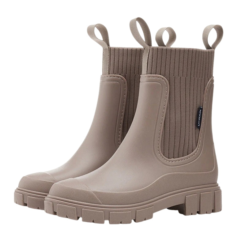 Women's Mid-Calf Chelsea Boots – Slip-On Lug-Sole Rain Boots with Elastic Gores