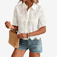 Women's Openwork Embroidered Shirt with Fold-Over Collar