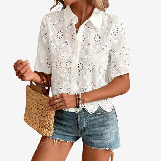 Women's Openwork Embroidered Shirt with Fold-Over Collar