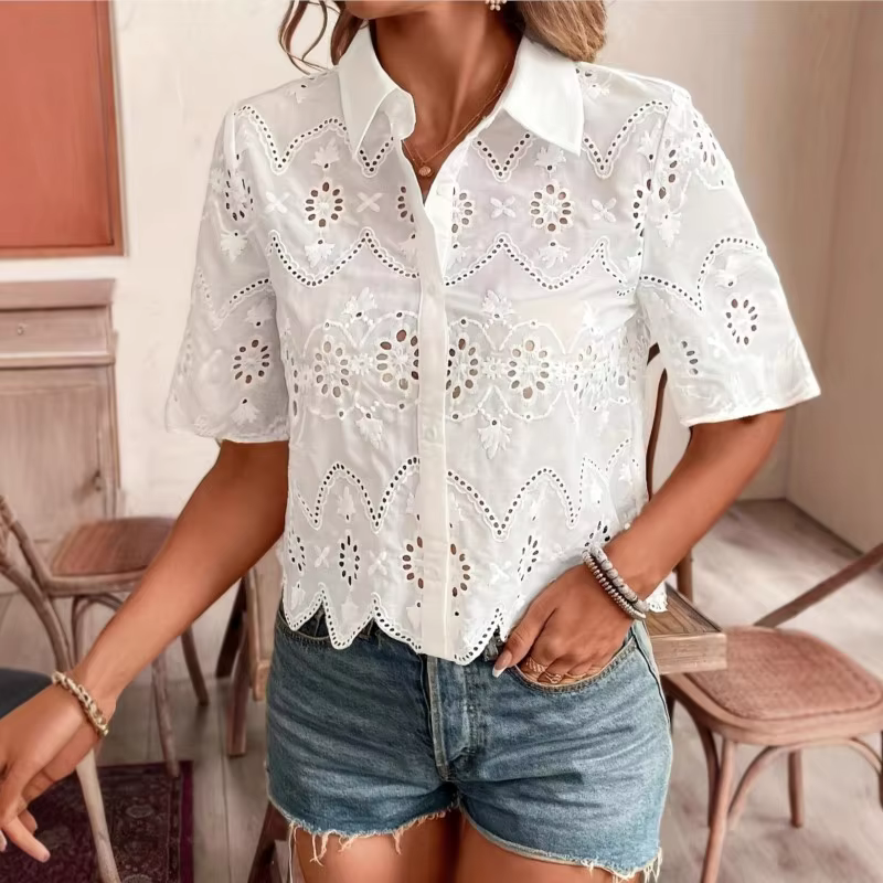Women's Openwork Embroidered Shirt with Fold-Over Collar