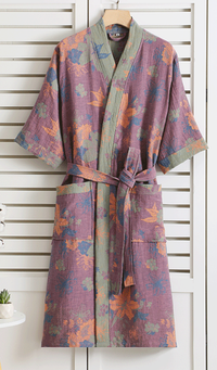 Women's Organic Cotton Kimono Bathrobe with Botanical Pattern
