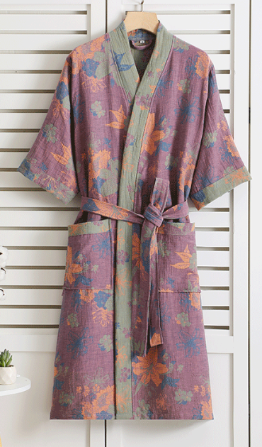Women's Organic Cotton Kimono Bathrobe with Botanical Pattern