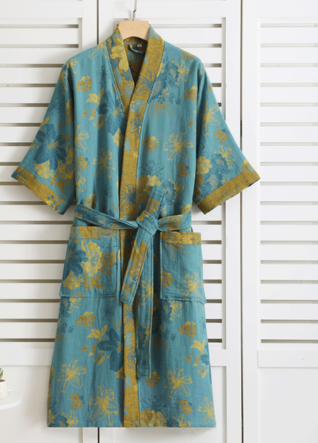 Women's Organic Cotton Kimono Bathrobe with Botanical Pattern