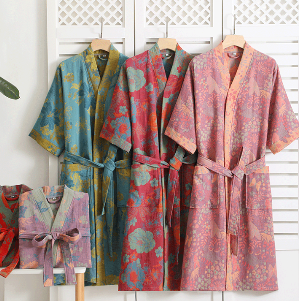 Women's Organic Cotton Kimono Bathrobe with Botanical Pattern