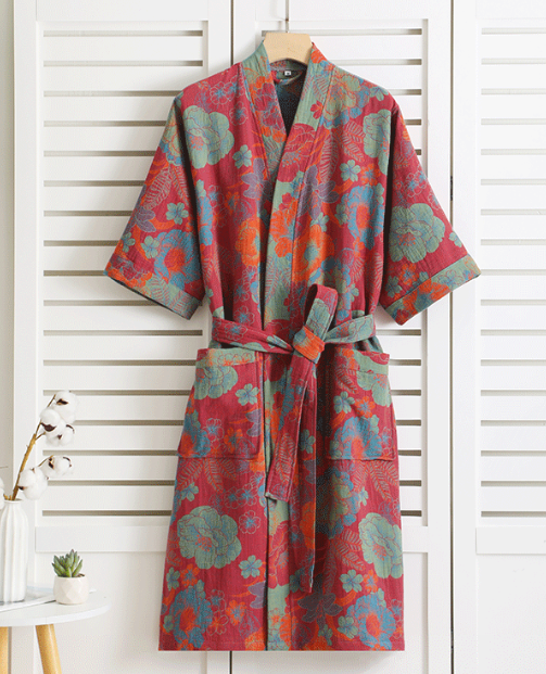 Women's Organic Cotton Kimono Bathrobe with Botanical Pattern