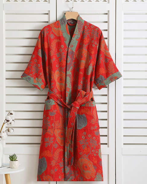 Women's Organic Cotton Kimono Bathrobe with Botanical Pattern