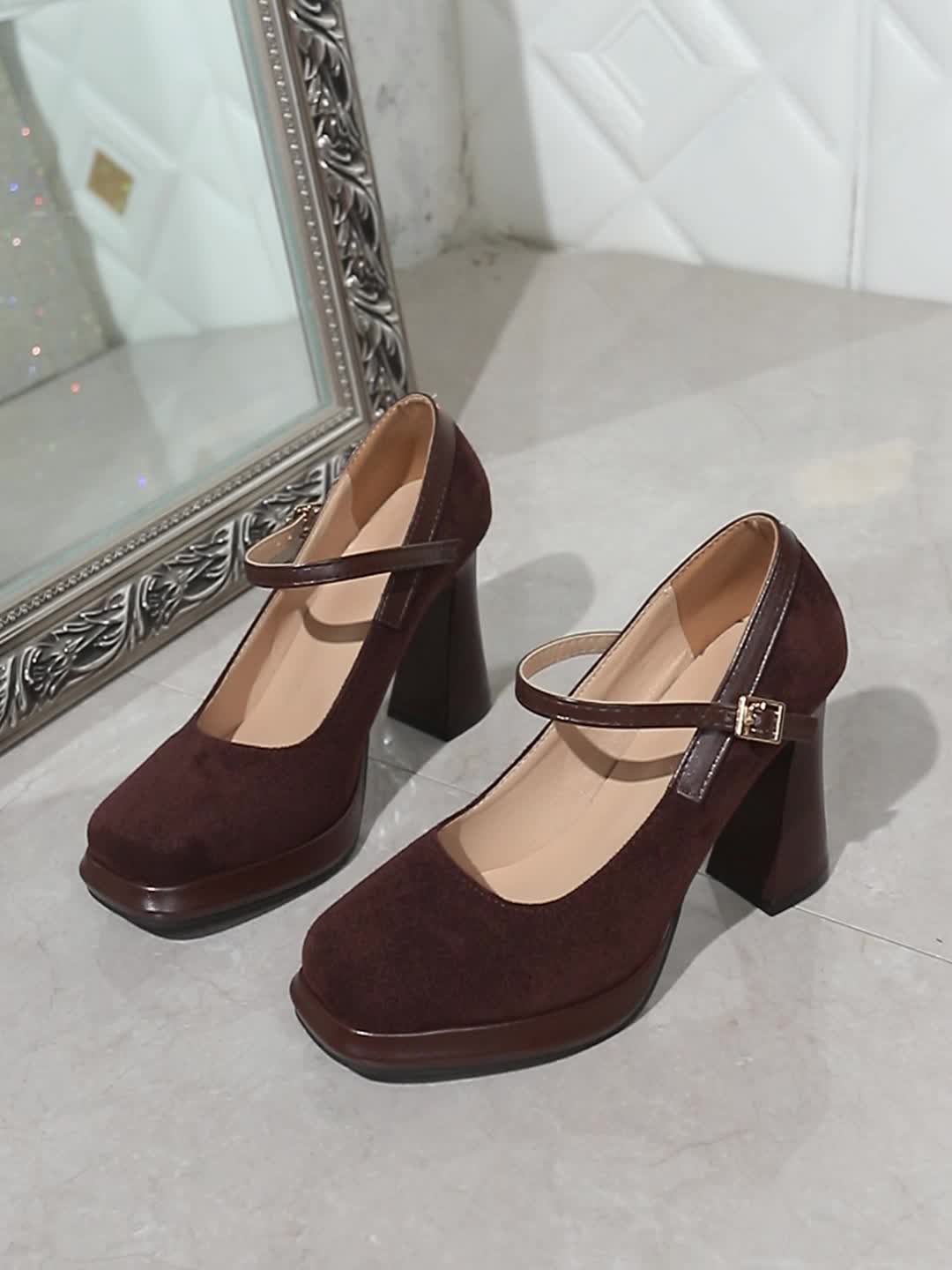 Women's Platform Heel Mary Jane Shoes with Strap