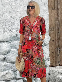 Women's Printed V-Neck A-Line Midi Dress