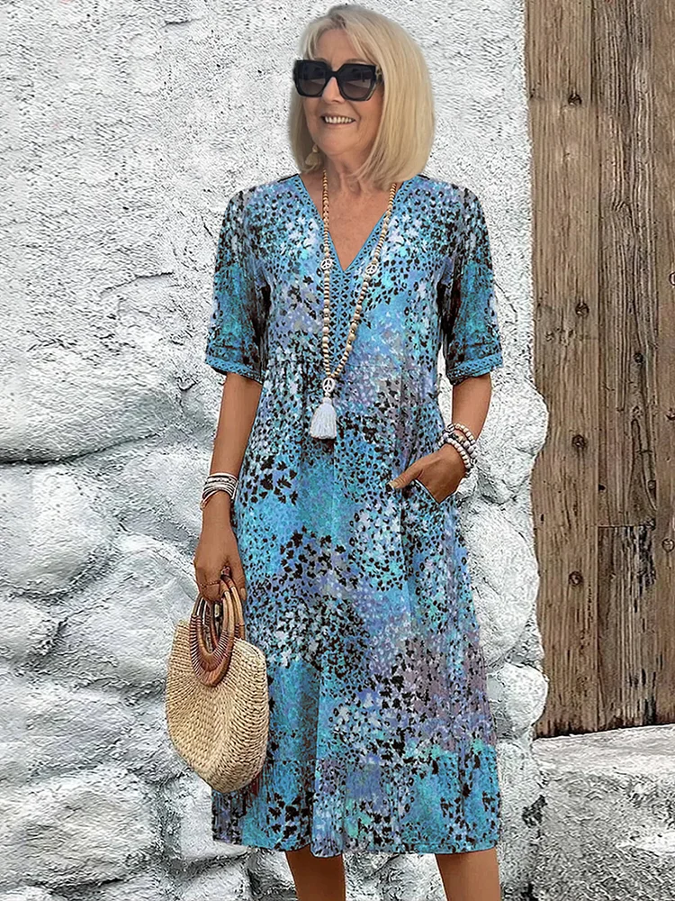 Women's Printed V-Neck A-Line Midi Dress