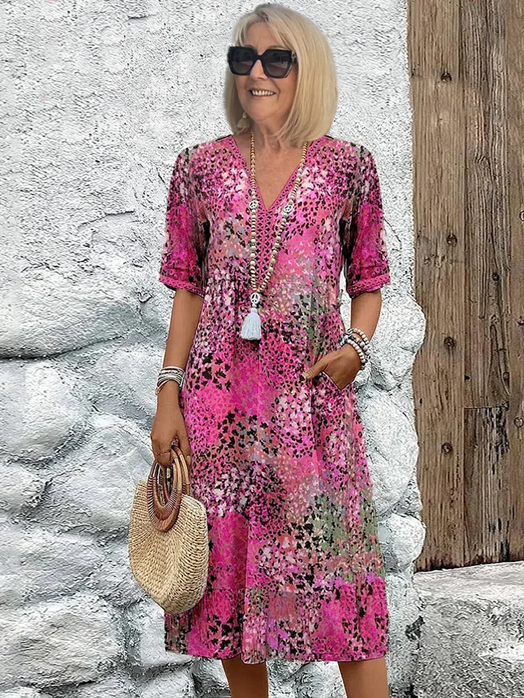 Women's Printed V-Neck A-Line Midi Dress