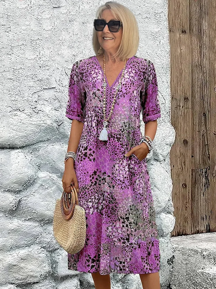 Women's Printed V-Neck A-Line Midi Dress