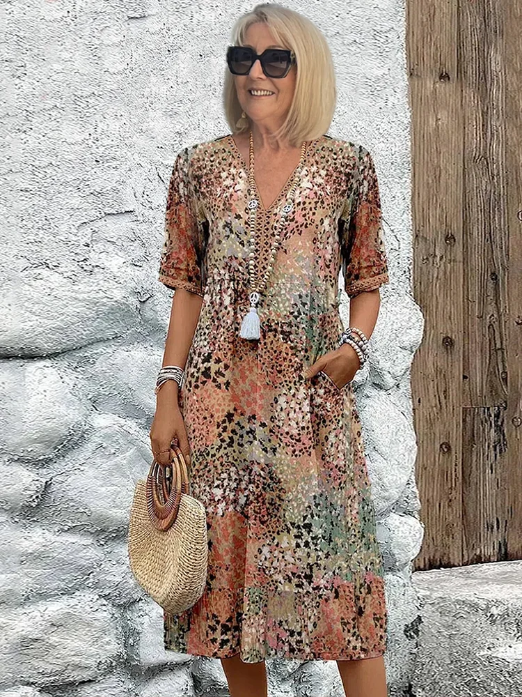 Women's Printed V-Neck A-Line Midi Dress