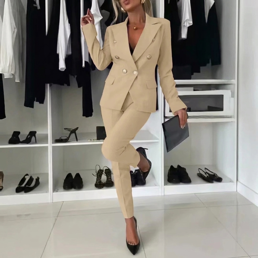 Women's Professional Two-Piece Suit with Lapel Jacket and Slim Fit Trousers