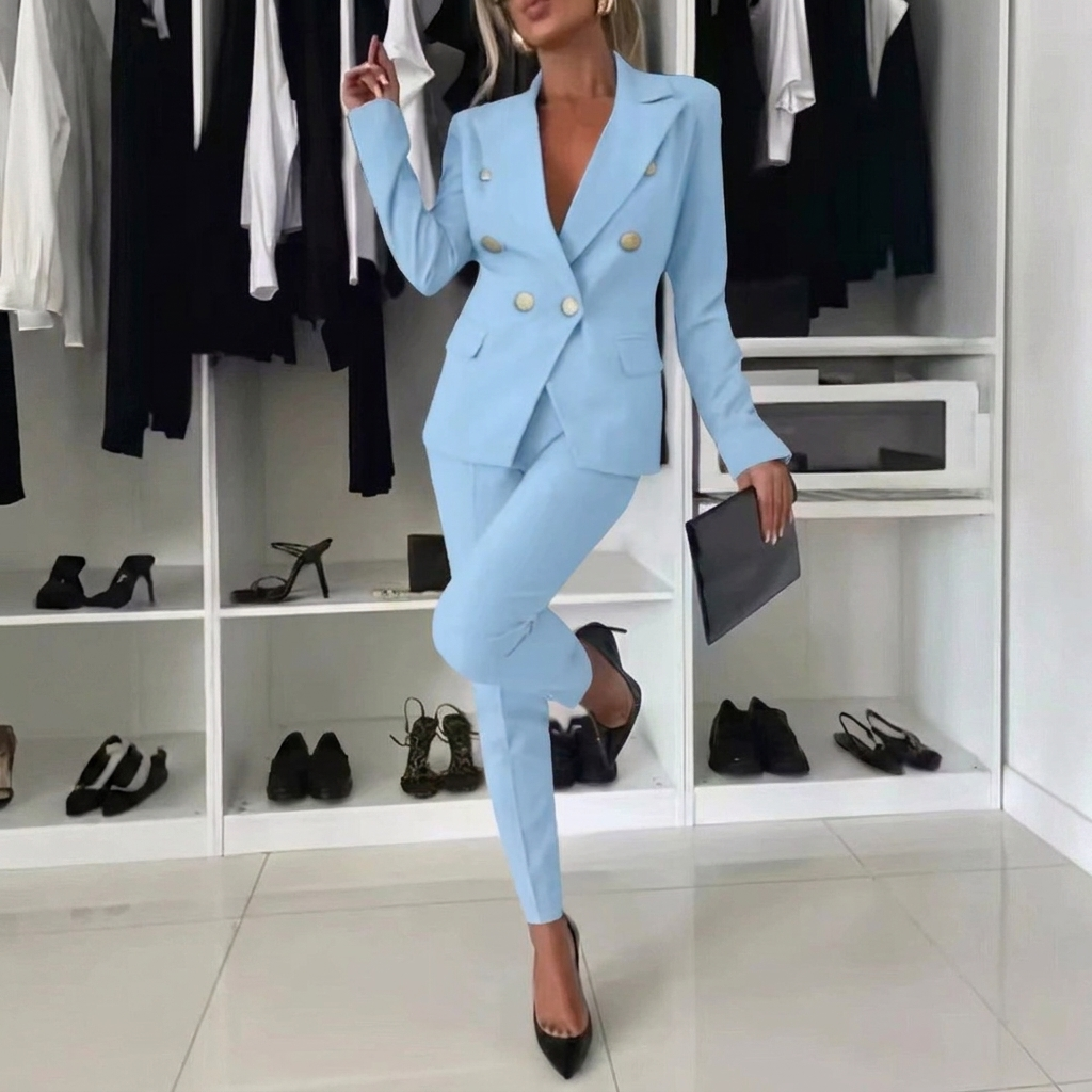 Women's Professional Two-Piece Suit with Lapel Jacket and Slim Fit Trousers