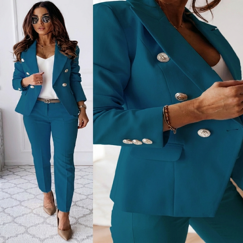 Women's Professional Two-Piece Suit with Lapel Jacket and Slim Fit Trousers