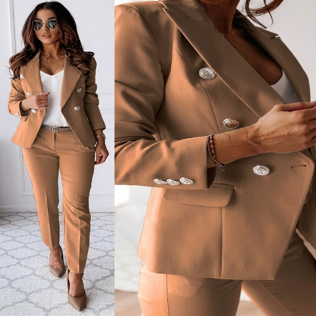 Women's Professional Two-Piece Suit with Lapel Jacket and Slim Fit Trousers