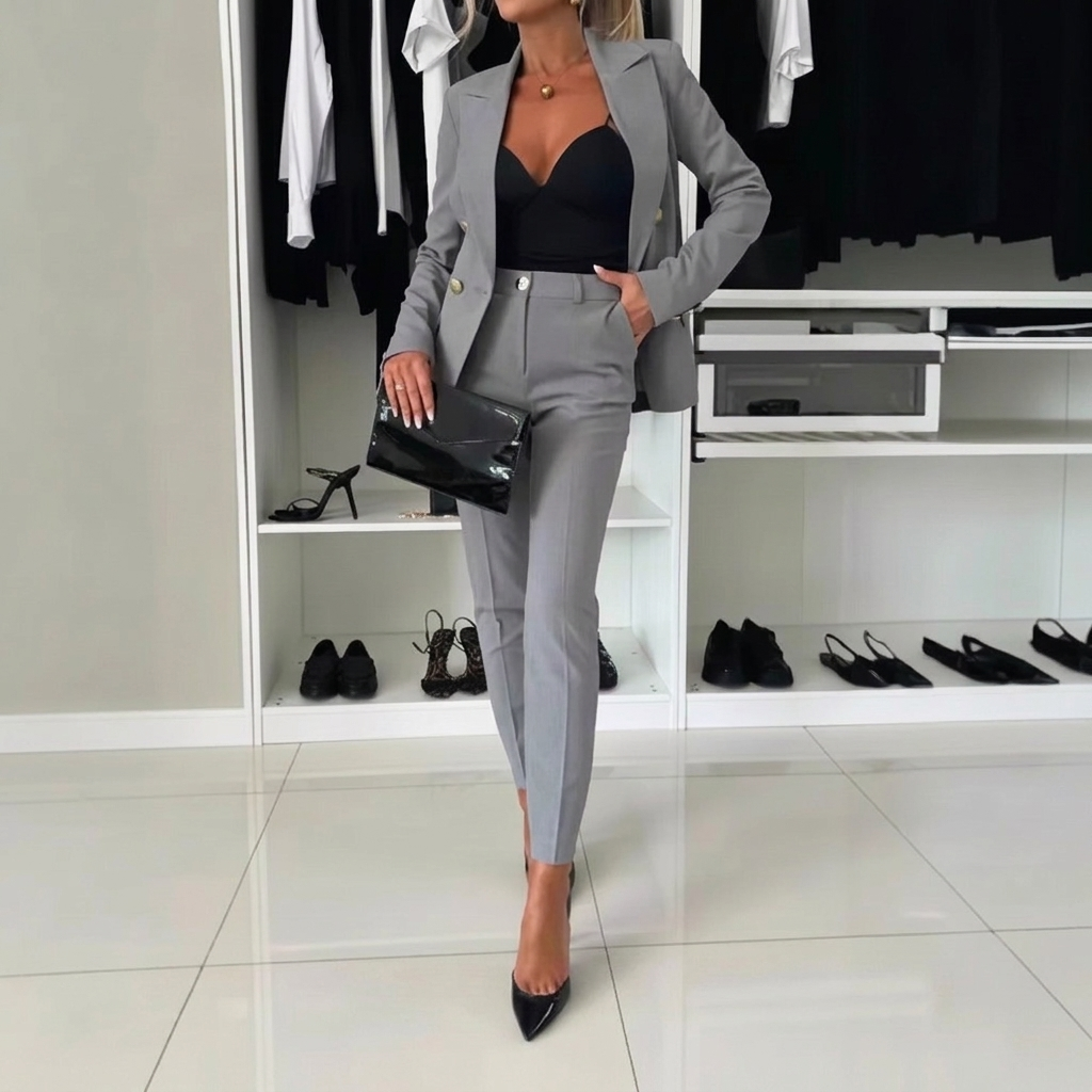 Women's Professional Two-Piece Suit with Lapel Jacket and Slim Fit Trousers