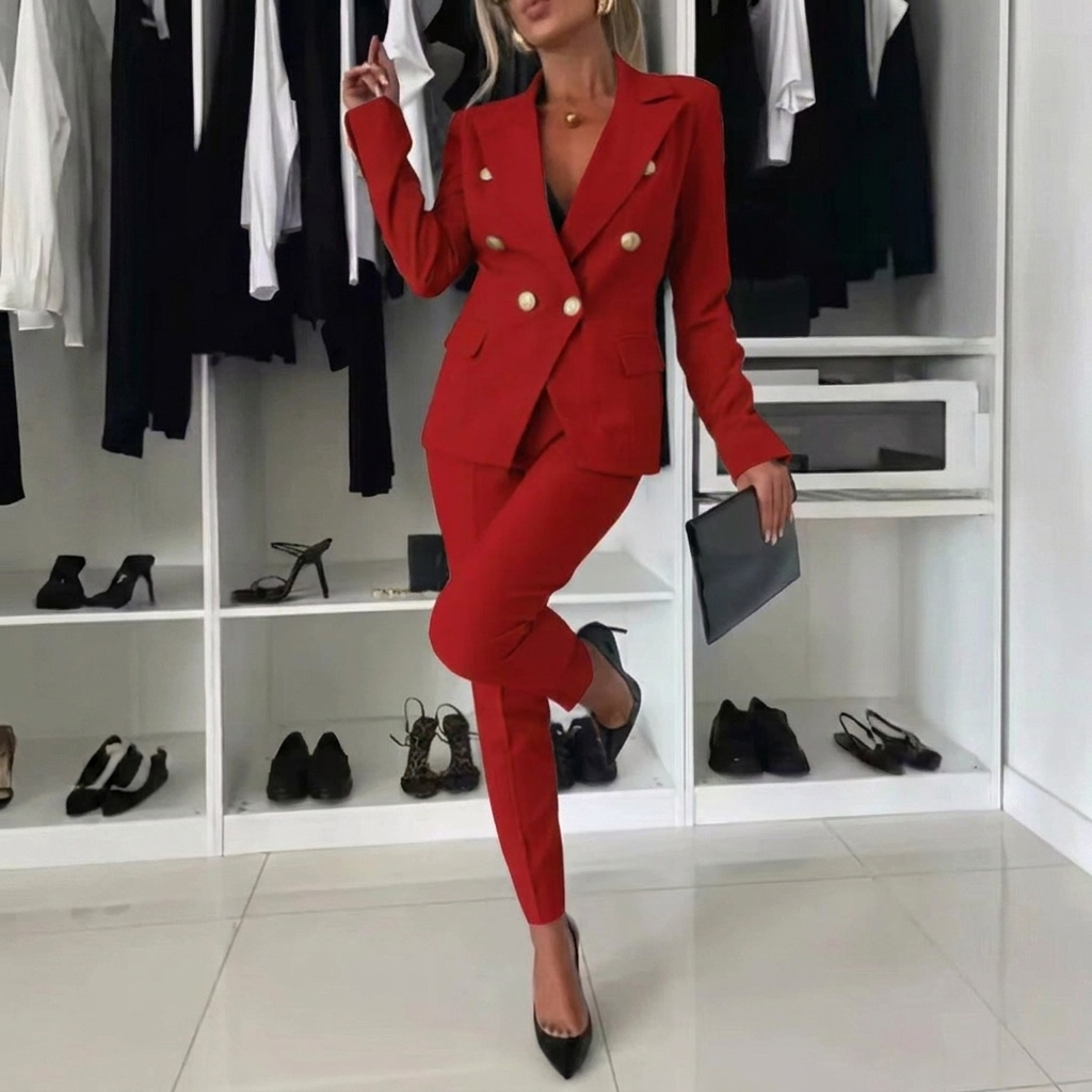 Women's Professional Two-Piece Suit with Lapel Jacket and Slim Fit Trousers