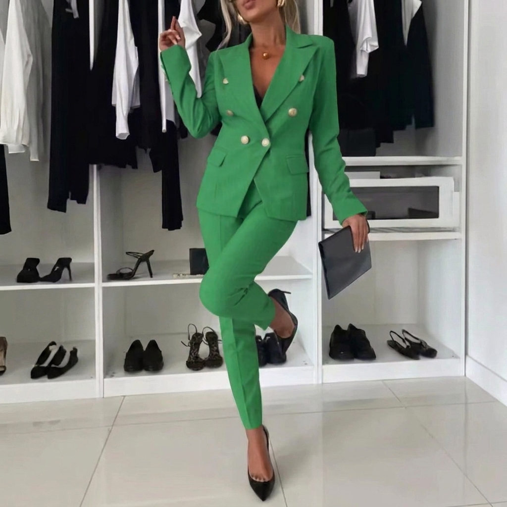 Women's Professional Two-Piece Suit with Lapel Jacket and Slim Fit Trousers