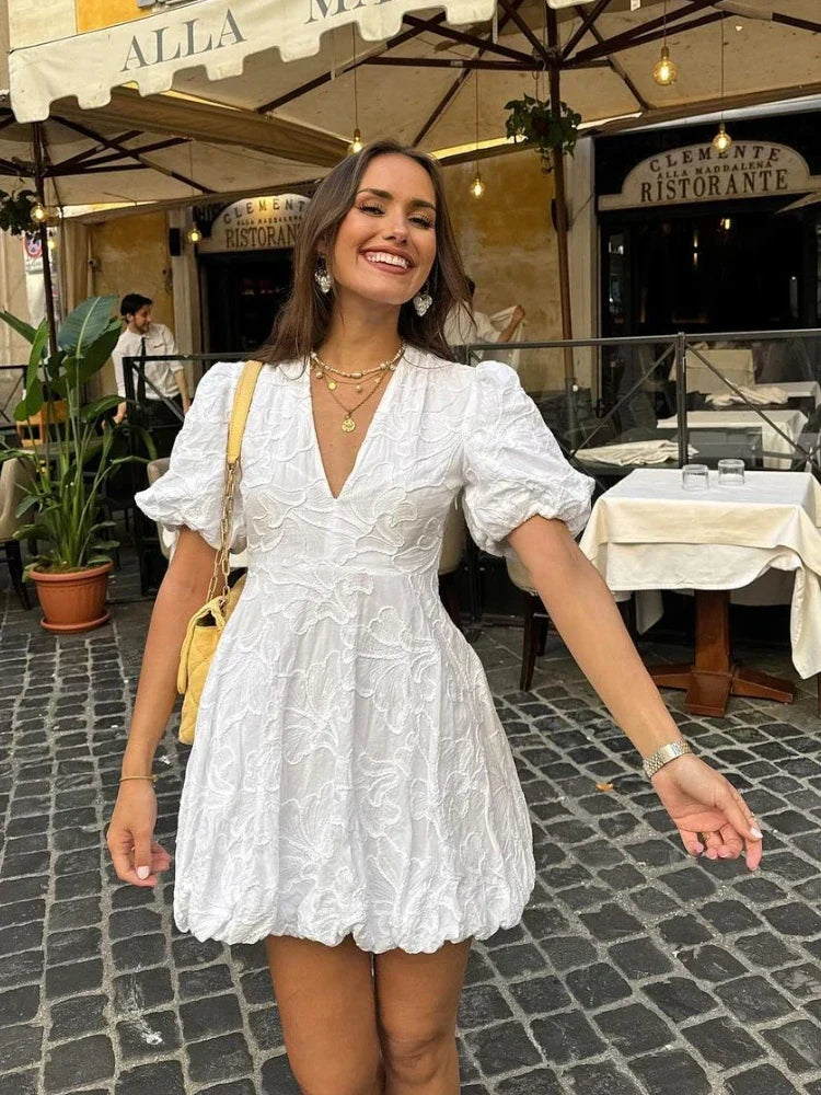 Women's Puff Sleeve V-Neck Mini Dress