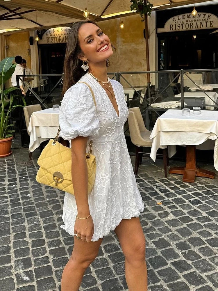 Women's Puff Sleeve V-Neck Mini Dress