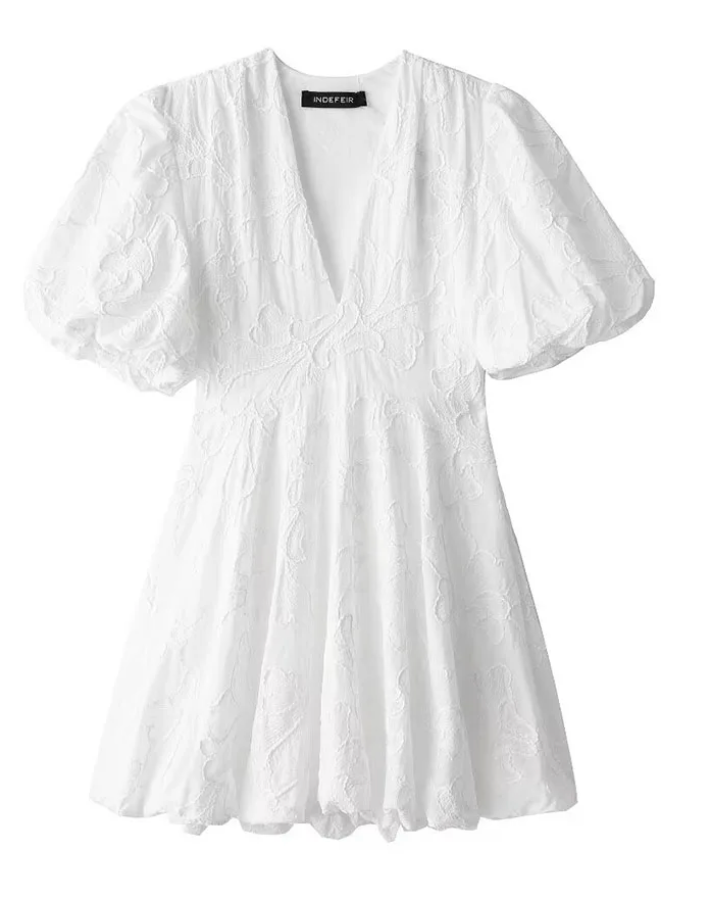 Women's Puff Sleeve V-Neck Mini Dress