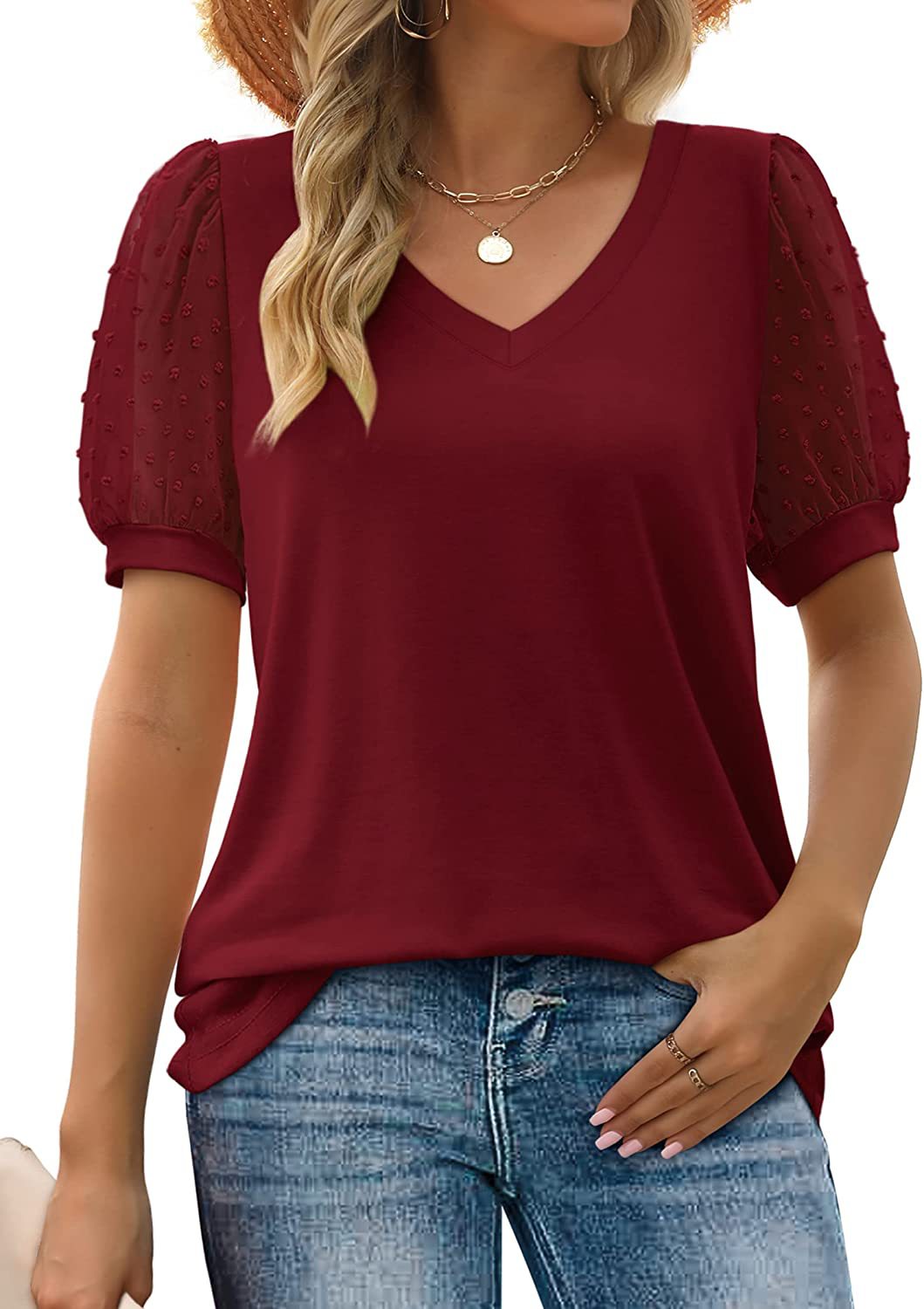 Women's Puff Sleeve V-Neck Top