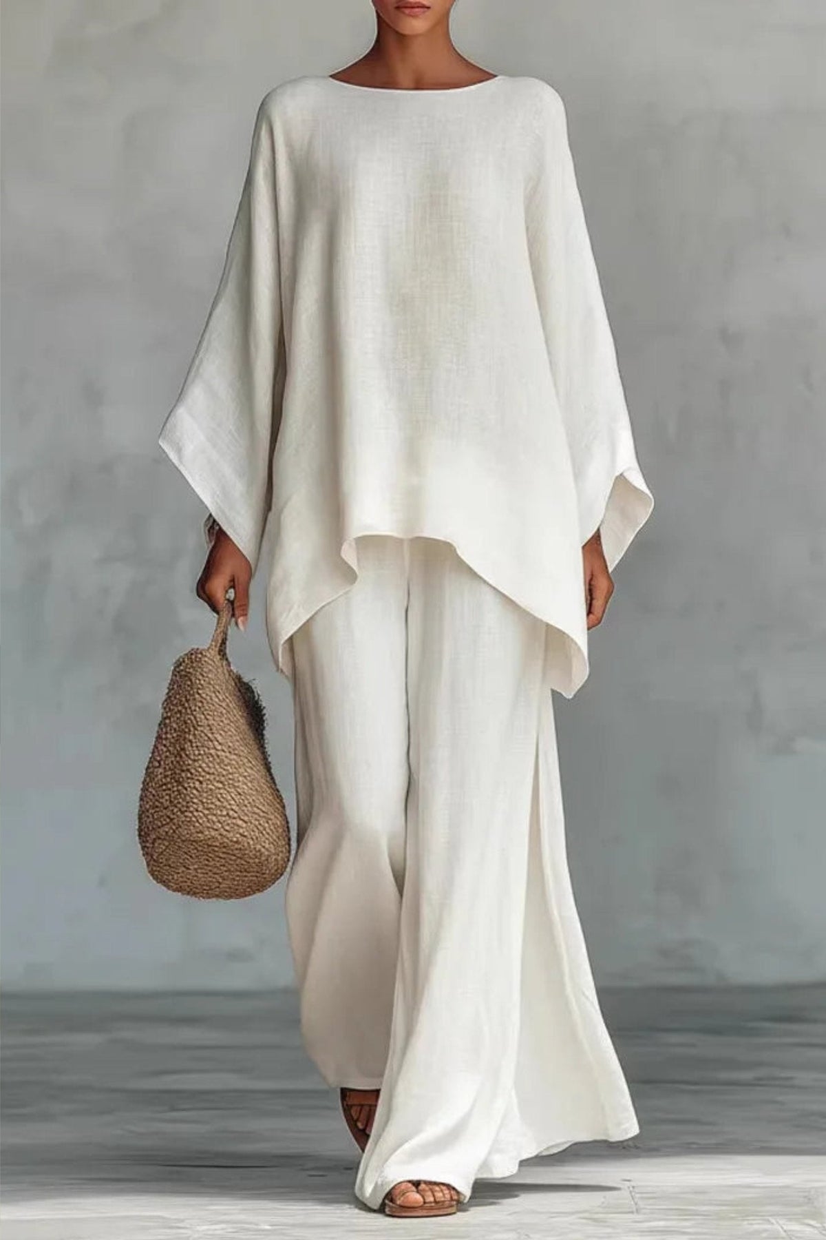 Women's Relaxed Batwing-Sleeve Linen Wide-Leg Pants Two-Piece Set