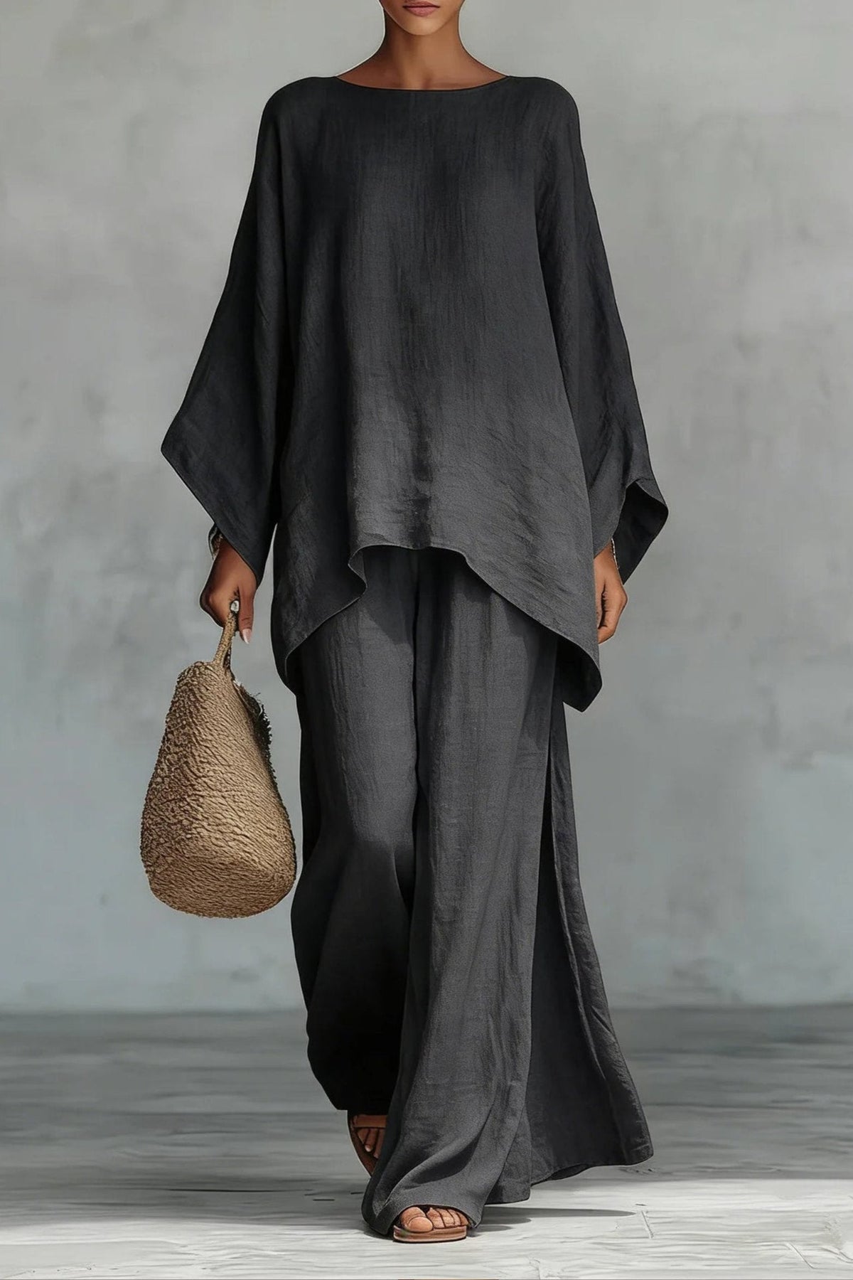 Women's Relaxed Batwing-Sleeve Linen Wide-Leg Pants Two-Piece Set