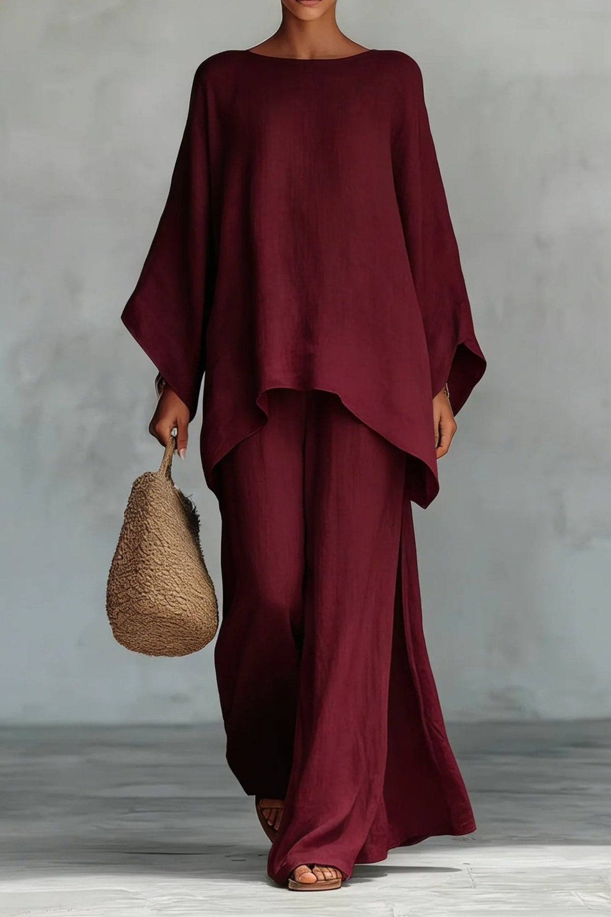 Women's Relaxed Batwing-Sleeve Linen Wide-Leg Pants Two-Piece Set
