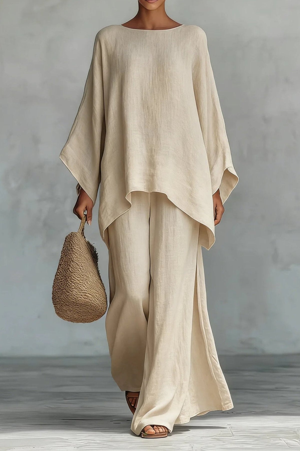Women's Relaxed Batwing-Sleeve Linen Wide-Leg Pants Two-Piece Set