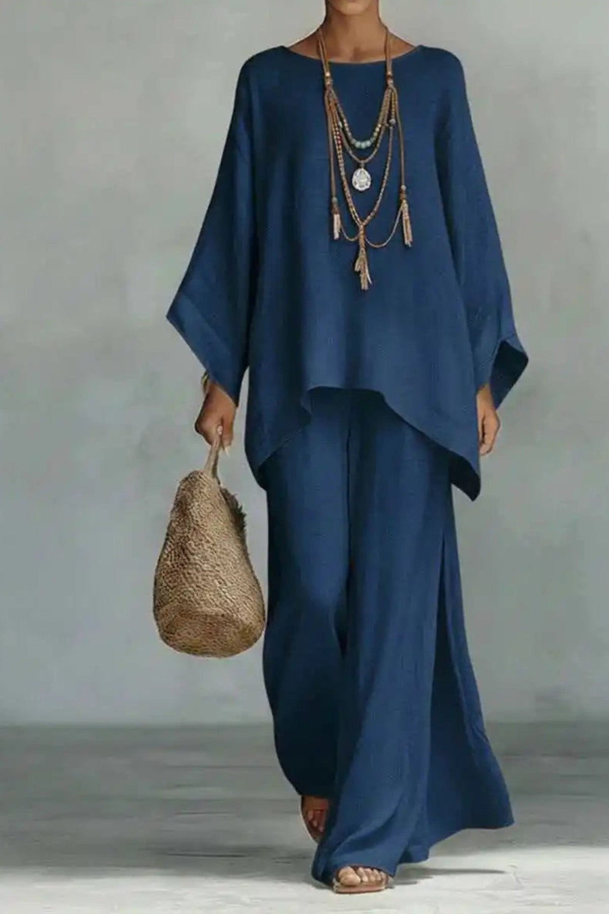Women's Relaxed Batwing-Sleeve Linen Wide-Leg Pants Two-Piece Set