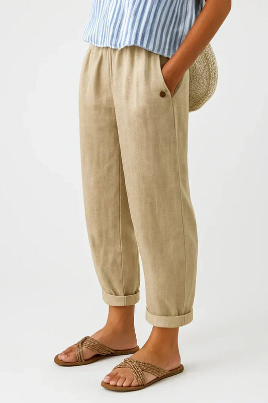Women's Relaxed-Fit Elastic-Waist Cuffed Linen Blend Pants