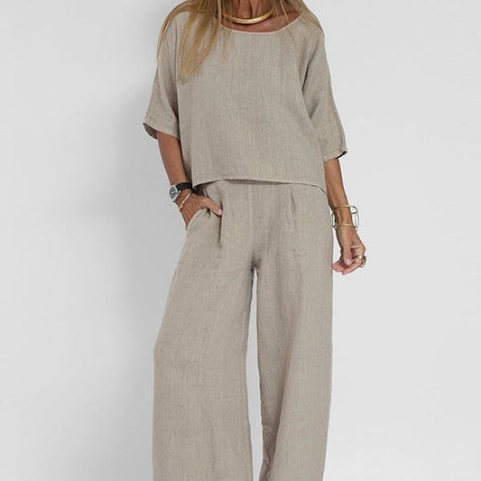 Women's Relaxed-Fit Linen Blouse and Wide-Leg Pants Two-Piece Set