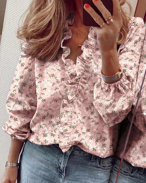 Women's Ruffle V-Neck Long Sleeve Blouse