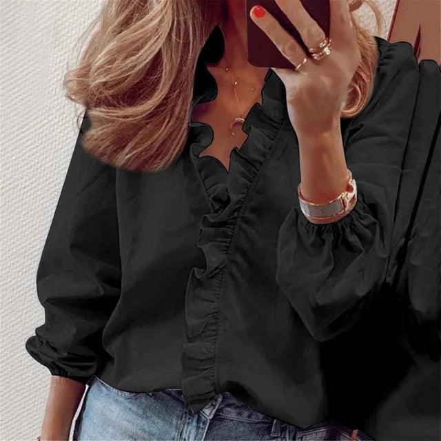 Women's Ruffle V-Neck Long Sleeve Blouse