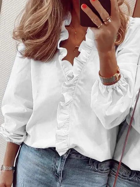 Women's Ruffle V-Neck Long Sleeve Blouse
