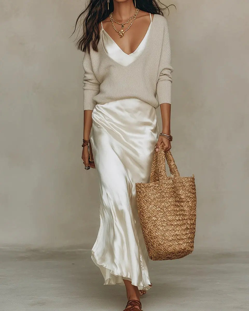 Women's Satin Midi Dress and Layered Long Sleeve Knit Jumper Set